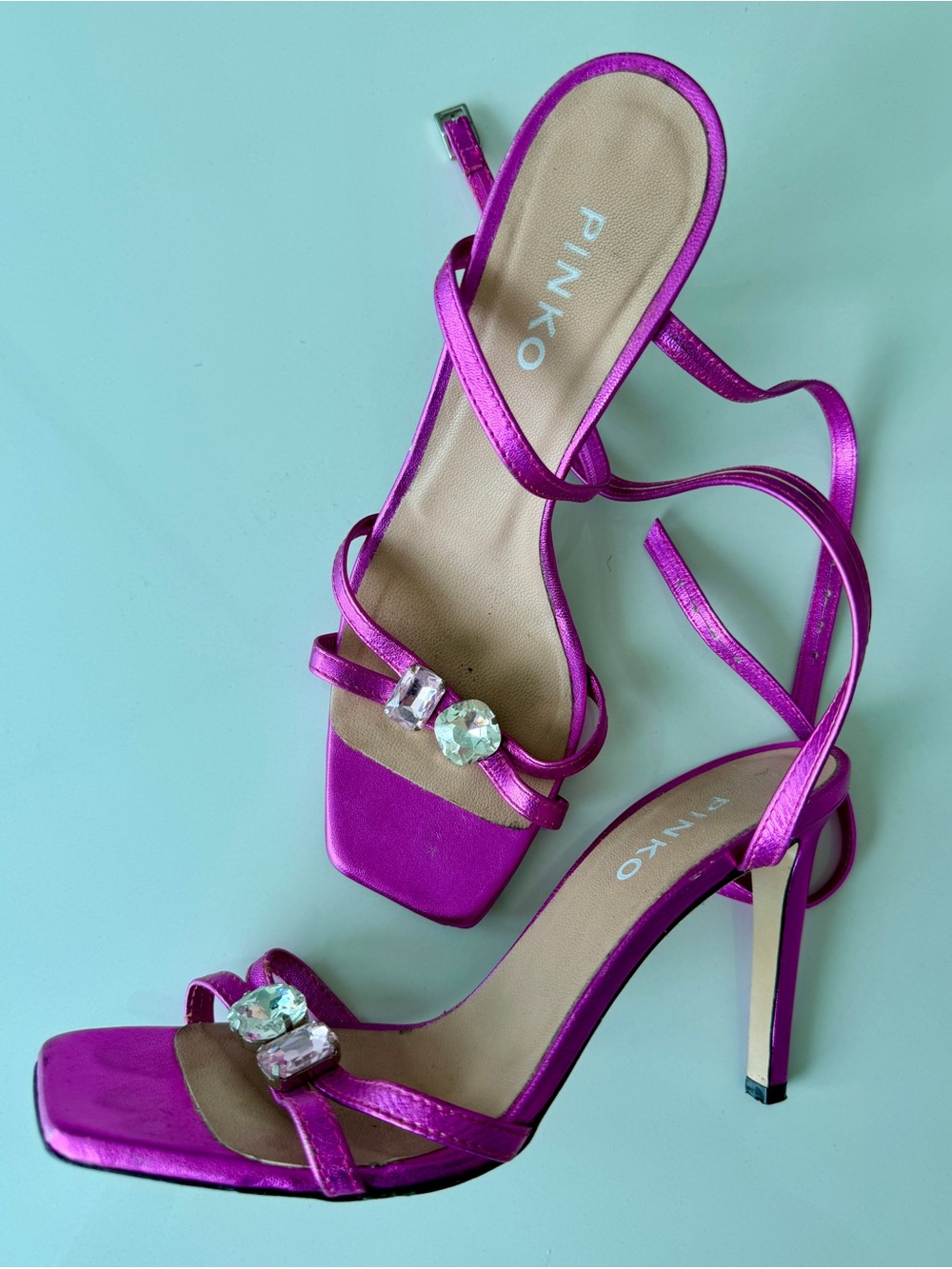 Pinko Metallic Fuchsia Strappy Gem-Embellished Heels